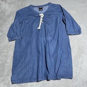 Nanette Lepore Dress Women 1X Blue Chambray Shift Rope Lace Up 3/4 Sleeve V-Neck